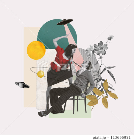 Woman emotionally quarrelling to man witting on chair with floral and cosmic elements on background. Codependent relationship. Contemporary art collage. 113696951