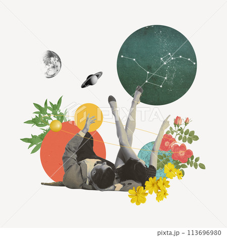 Man and woman lying and pointing upwards, looking at planets, moon and stars. Contemporary art collage. Romantic date 113696980