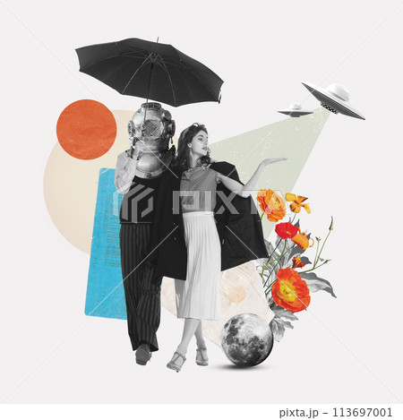 Cosmic journey. Surreal art collage with woman walking hand in hand with man wearing astronaut mask under umbrella. Dreamy fantastic atmosphere Cosmic journey. Surreal art collage with woman walking hand in hand with man wearing astronaut mask under umbrella. Dreamy fantastic atmosphere 113697001