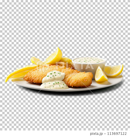 Cod fillet beer battered and deep fried to a crisp golden brown served with tartar 113697122