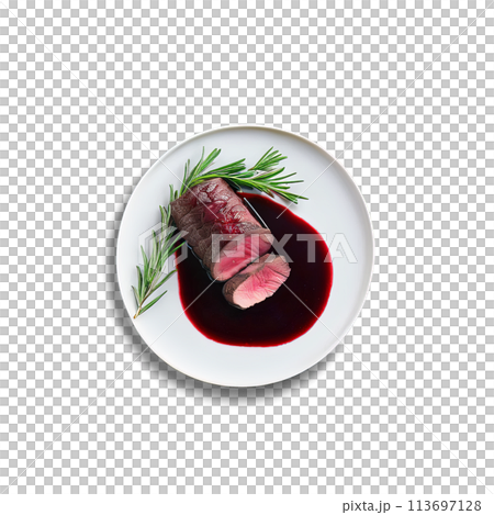 A delectable roasted venison loin, served with a red wine and cherry sauce, 113697128