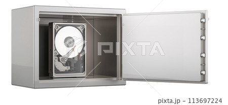 Hard Disk Drive HDD inside safe with combination lock, 3D rendering 113697224