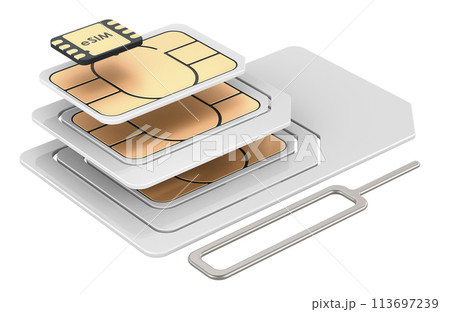 Stack of SIM cards with eject pin for mobile phone, 3D rendering 113697239