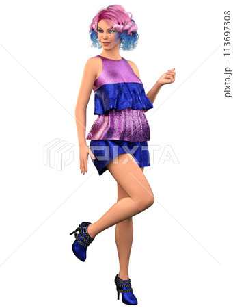 3D Girl in pink blue sequin dress 113697308