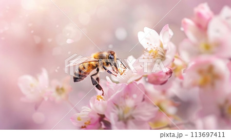 Honeybee collecting nectar from delicate pink cherry blossoms in soft spring light 113697411