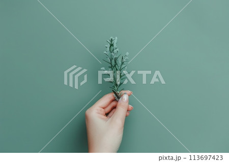 A delicate hand holding a sprig of greenery against a soothing teal background 113697423