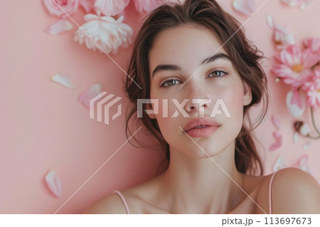 Serene beauty of a woman with subtle makeup,...のイラスト素材 [113697673] - PIXTA