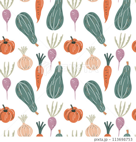 Seamless pattern with hand drawn vegetables, Cute vector illustration. Seamless pattern with hand drawn vegetables, Cute vector illustration. 113698753