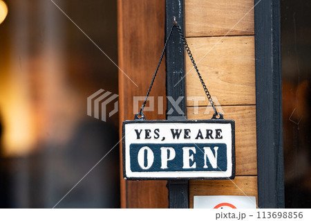yes we're open sign , vintage restaurant sign , Open sign in street cafe 113698856