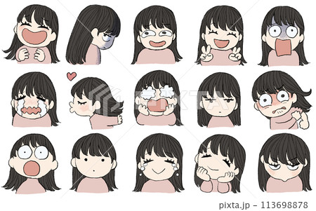 コミカルな女性の表情セット 113698878