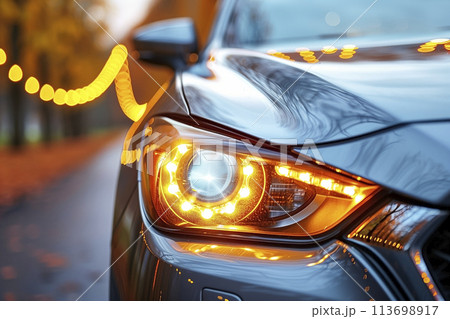 車のヘッドライトのクローズアップ 113698917