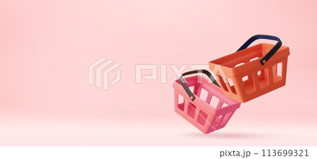 3d Empty shopping baskets on pink background. 3d Empty shopping baskets on pink background. 113699321