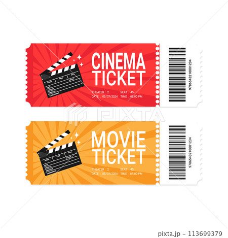 Modern movie or cinema ticket design with clapperboard. Realistic front view. Movie ticket template. Vector illustration 113699379