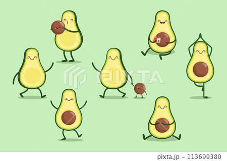 Cute cartoon Avocado character and baby avocado seed set. Healthy lifestyle and self care. Flat style. Vector illustration 113699380