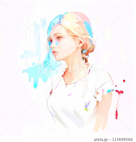 Portrait of a girl painted with watercolors of multi-colored paints with splashes on a white background. 113699568