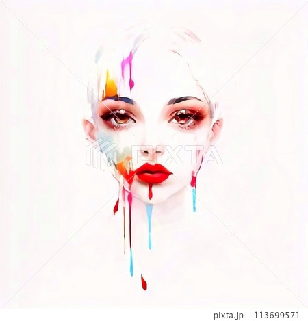 Portrait of a girl painted with watercolors of multi-colored paints with splashes on a white background. 113699571