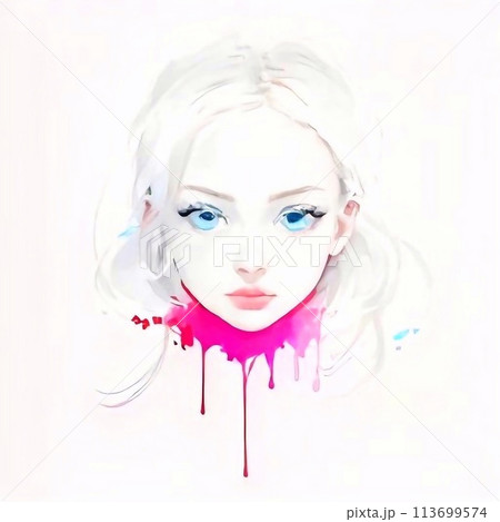 Portrait of a girl painted with watercolors of multi-colored paints with splashes on a white background. 113699574