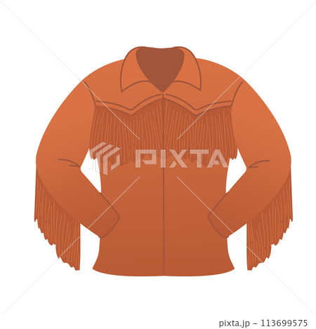 Brown leather jacket with fringe, cowboy aesthetic concept. Wild west, country style. Flat vector illustration isolated on white background. Element for print, banner, card, brochure, logo. 113699575