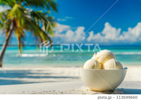 Refreshing ice cream balls on the beach in summer. 113699660