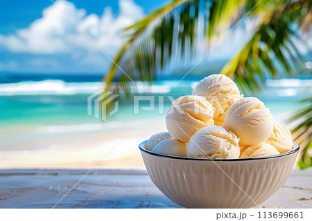 Refreshing ice cream balls on the beach in summer. 113699661