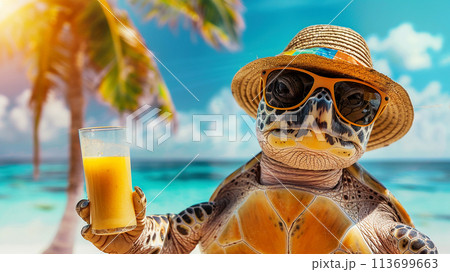 Turtle in a straw hat on the beach under the palm trees. 113699663