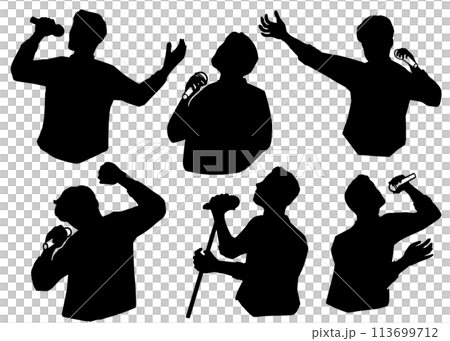 一個男人唱歌或演講的剪影插圖,黑色 一個男人唱歌或演講的剪影插圖,黑色 113699712