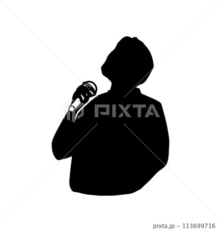 マイクを持って天を仰ぎ酔いしれる男性のシルエットイラスト　黒 113699716