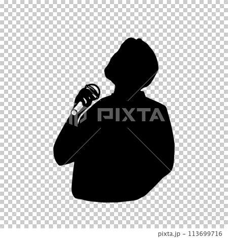 マイクを持って天を仰ぎ酔いしれる男性のシルエットイラスト　黒 113699716