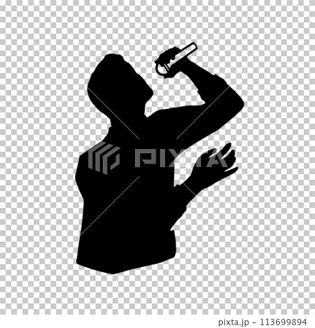 一個男人抬頭唱歌或發表聲明的剪影插圖，黑色 113699894