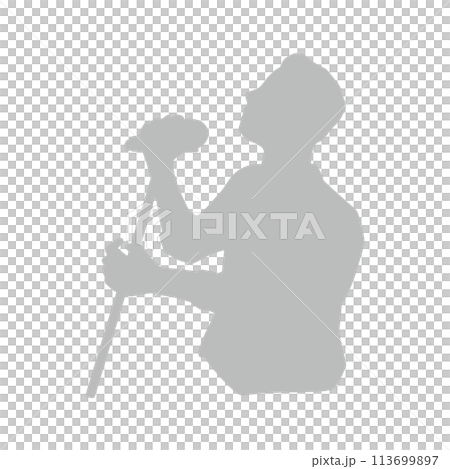 マイクスタンドを持ち心酔して歌う男性のシルエットイラスト グレー マイクスタンドを持ち心酔して歌う男性のシルエットイラスト グレー 113699897