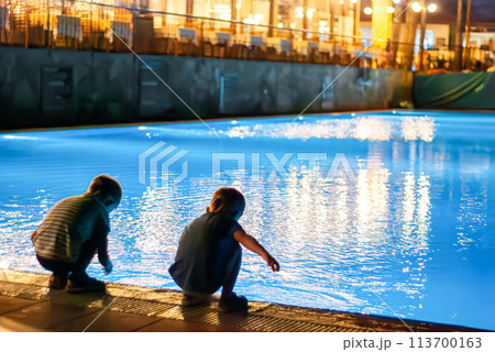 Two little boys playing and laughing near the illuminated swimming pool under the starry night sky 113700163