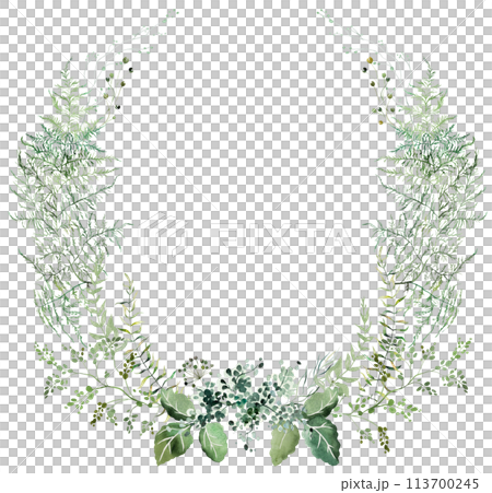 Round wreath with Watercolor fern twigs with green leaves isolated illustration, botanical wedding 113700245