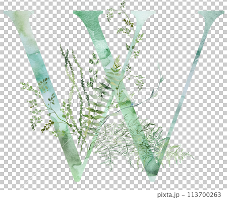 Green letter W with Watercolor whimsical tender leaves isolated illustration, wedding element 113700263