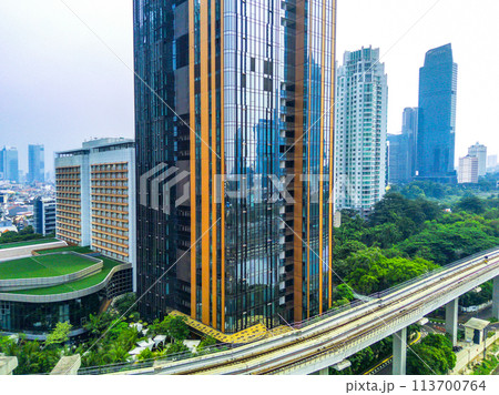 Aerial view of The Jabodebek LRT or Light Rail Transit track in Jakarta, Indonesia. 113700764