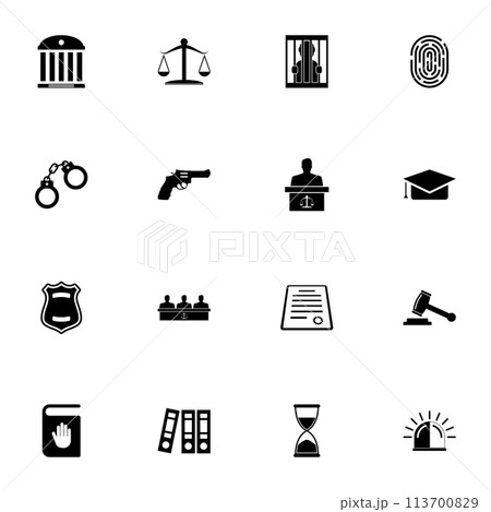 Law Justice icon - Expand to any size - Change to any colour. Perfect Flat Vector Contains such Icons as revolver gun, police siren, handcuffs, prisoner, jury, court, constitution, oath, judge gavel. 113700829