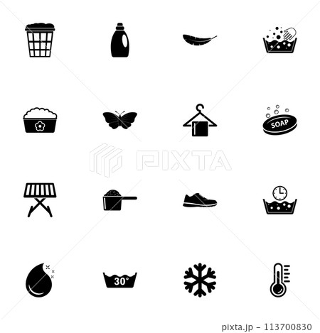 Washing icon - Expand to any size - Change to any colour. Perfect Flat Vector Contains such Icons as soap, bottle, butterfly, dryer, laundry basket, powder, foam, sneaker, water temperature, hanger. 113700830
