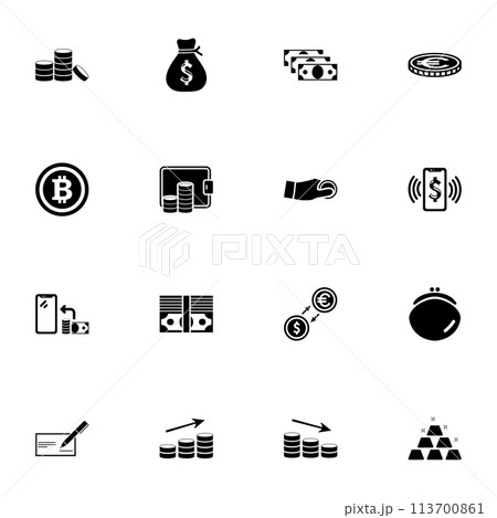 Cash icon - Expand to any size - Change to any colour. Perfect Flat Vector Contains such Icons as bitcoin, currency exchange, purse, wallet, sign a check, gold bars, money bag, pack of dollars, euro. 113700861