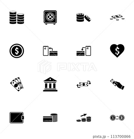 Money icon - Expand to any size - Change to any colour. Perfect Flat Vector Contains such Icons as bank building, safe, coin, love dollar, wallet, currency exchange, credit card, nfs, cash, payment. 113700866