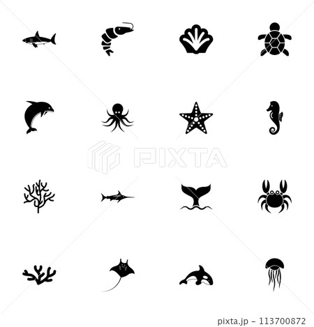 Marine Life icon - Expand to any size - Change to any colour. Perfect Flat Vector Contains such Icons as shark, shrimp, shell, turtle, dolphin, octopus, coral, stingray, sea horse, whale, jellyfish. 113700872