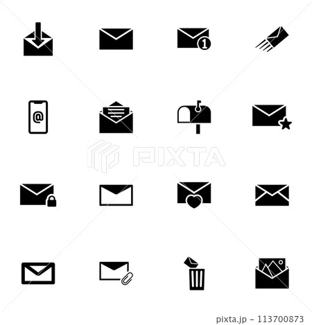 Mail icon - Expand to any size - Change to any colour. Perfect Flat Vector Contains such Icons as send envelope, accept letter, favorites, pin, attach, mailbox, delete, postbox, document, picture. 113700873
