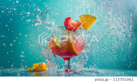 a vibrant, tropical-colored cocktail exploding with freshness 113701061