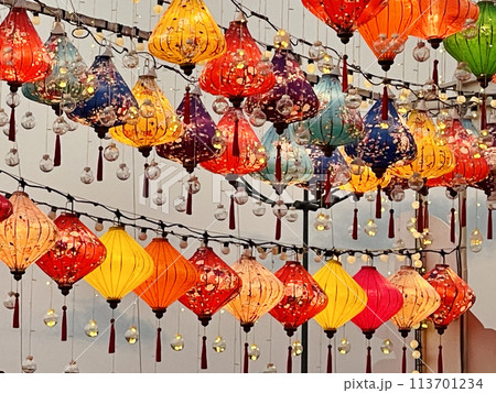 Colorful paper lanterns on the streets of old Asian town 113701234