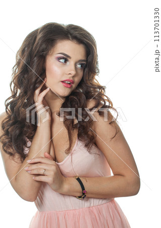 Happy healthy woman with make-up, clean fresh skin and long brown wavy hair. Beauty, cosmetology 113701330