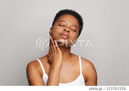 Perfect female model face close-up. African American woman portrait. Perfect female model face close-up. African American woman portrait. 113701558