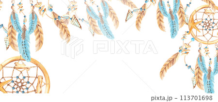 Dream catcher banner with beads, sea shells, sea star and blue and beige feathers. Watercolor horizontal frame, border. Hand drawn illustration. Perfect as a web banner, card and invitation template 113701698