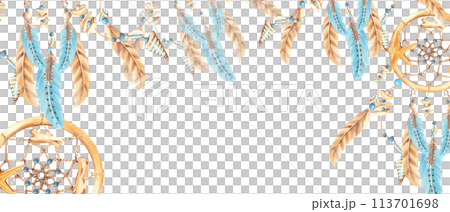 Dream catcher banner with beads, sea shells, sea star and blue and beige feathers. Watercolor horizontal frame, border. Hand drawn illustration. Perfect as a web banner, card and invitation template 113701698