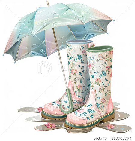 Adorable clipart of pastel floral wellies and umbrella, ideal for spring-themed invitations, stationery, and whimsical digital artwork 113701774