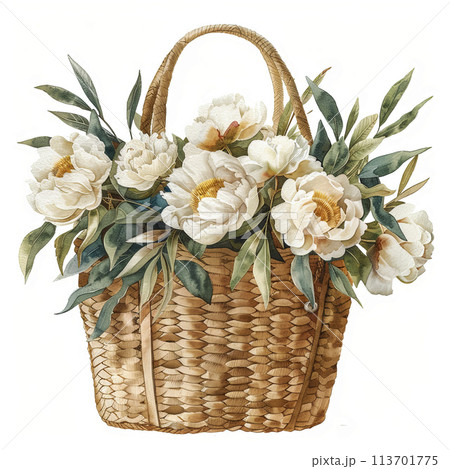 Graceful vintage-inspired watercolor rendering of a straw bag with floral arrangement, suitable for enhancing rustic-themed illustrations, packaging designs, and social media graphics. 113701775