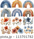 Enchanting clipart set featuring a boho-style rainbow adorned with intricate flowers in neutral hues, suitable for crafting ethereal artwork, wallpapers, and children's illustrations. 113701782