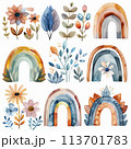 Lovely watercolor illustrations of a boho rainbow with beautiful flowers in soft pastel tones, perfect for adding a touch of whimsy to stationery, prints, and social media graphics. 113701783